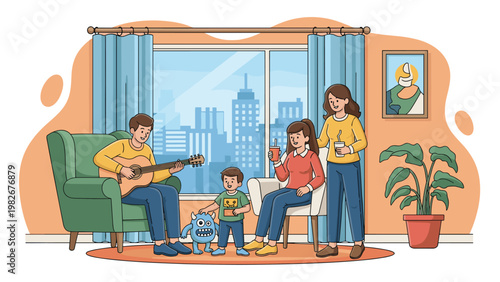 Happy family spending time together in a modern living room while the father plays guitar and a child plays with a blue monster toy.