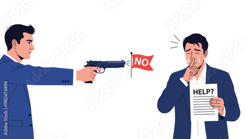 Man in a suit pointing a gun at a crying coworker who is holding a paper with a help message in a conceptual workplace bullying scene.