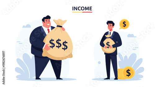 Comparison between a successful businessman holding a large bag of money and a struggling employee with a much smaller bag of income.