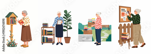 Set of illustrations depicting an active senior woman engaged in community book exchange, librarian duties, and various reading-related activities.