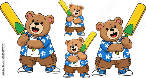 Cartoon teddy bear cricket player vector set, cute athletic bear character holding yellow cricket bat, brown teddy bear mascot in blue floral shirt
