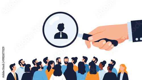Giant hand holding a magnifying glass over a diverse crowd of people to find a specific person or recruit the best candidate for a job.