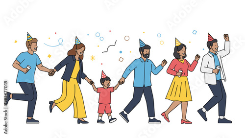 Group of diverse people wearing colorful party hats walking and holding hands in a celebratory line with confetti in the background.
