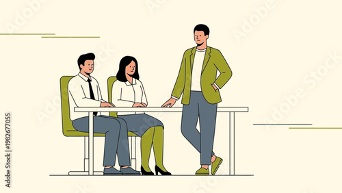Business meeting: three professionals discussing at a table, modern flat illustration