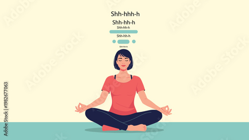 Woman sitting cross legged in a meditation pose with her eyes closed while text above her head represents a quiet and peaceful environment.