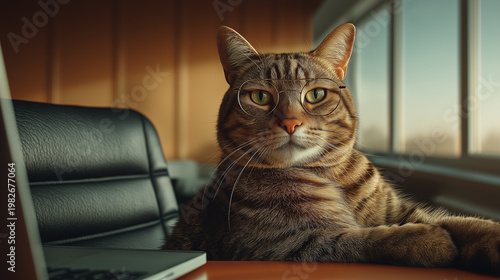 Serious Tabby Cat CEO Sitting in Executive Office Chair with Glasses and Laptop – Whimsical Business Concept