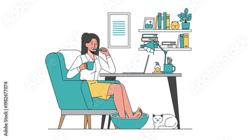 Busy woman multi tasking at home by brushing her teeth drinking coffee and soaking her feet while working on a laptop at a small desk.