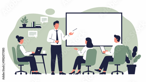 Business meeting: trainer presenting to attentive audience in modern office