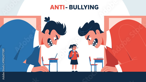 Small schoolgirl standing between two giant angry men in an office setting representing an anti bullying message and social pressure.