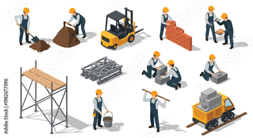 Construction Workers and Building Materials Isometric Set. Construction Site Elements Vector Illustration. Labor and Industry Concept.