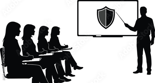 A silhouetted presentation depicts a speaker addressing an audience about cybersecurity and data protection high quality professional detailed modern elegant stylish