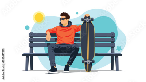 Cool young man wearing sunglasses and an orange hoodie sits on a park bench while holding a longboard against an abstract teal background.