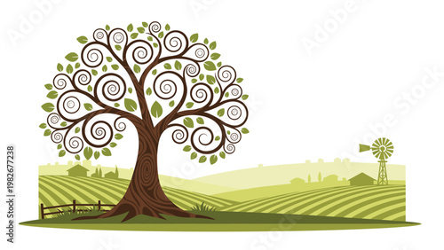 Stylized tree with spiral branches stands in front of a rolling rural landscape featuring farm fields, a windmill, and small houses.