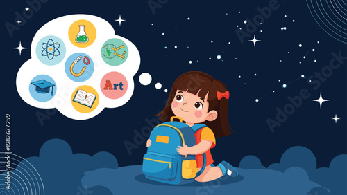 Happy schoolgirl hugs her blue backpack while dreaming of various educational subjects like science, art, and literature in a starry night sky.