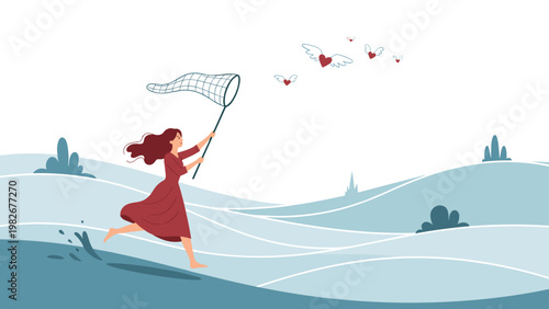 Woman in a red dress runs across a blue landscape while trying to catch small flying hearts with a butterfly net under a white sky.