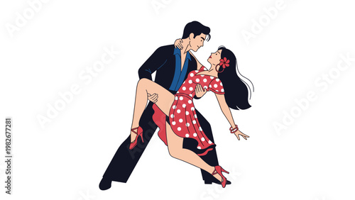 Elegant couple performs a passionate dance move with the man holding the woman who wears a red polka dot dress and a flower in her hair.