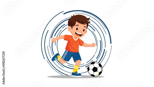 Energetic young boy in an orange jersey and blue shorts dribbles a soccer ball in front of an abstract circular pattern background.