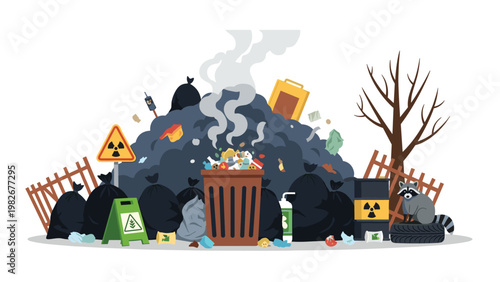 Large pile of household and industrial waste includes trash bags, toxic chemicals, and radioactive barrels being explored by a wild raccoon.