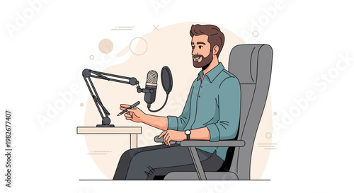 Man Recording Podcast with Microphone in Studio, Smiling and Holding Pen