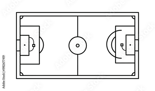 Top view of a detailed soccer field diagram with marked lines, center circle, and goal areas, perfect for coaching strategies and sports education.