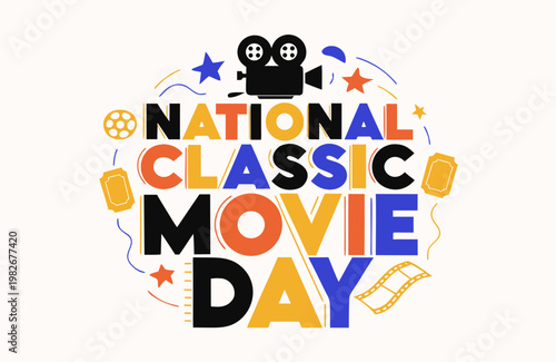 National Classic Movie Day Vector Illustration, Vintage Film Celebration Design