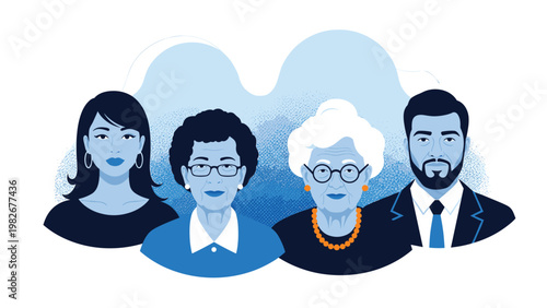 Portrait features a diverse group of four people of different ages and genders wearing professional attire against a textured blue background.