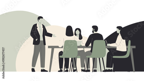 Business meeting with diverse team collaborating around a table, presenter leading discussion