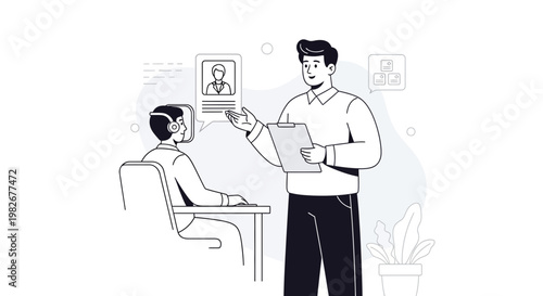 Job Interview Meeting: Candidate with Headphones and Interviewer with Clipboard