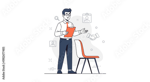 Job Interview Concept: Recruiter with Clipboard and Chair, Business Meeting Icons