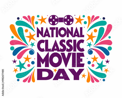 Classic Movie Day Vector Art, Retro Cinema Theme Isolated on White Background