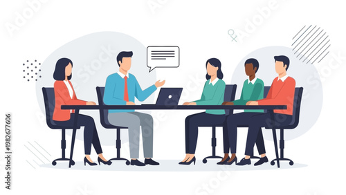 Business meeting with diverse team discussing ideas around a conference table with laptop