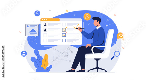 Man filling out online form on computer screen, business concept illustration