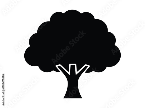 Simple black silhouette of a deciduous tree with a full, rounded canopy and visible trunk against a plain white background.