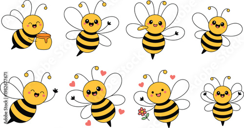Cute vector set of cartoon honey bee characters in various poses holding honey pot and flowers for children nursery decor sticker design and educational spring holiday projects