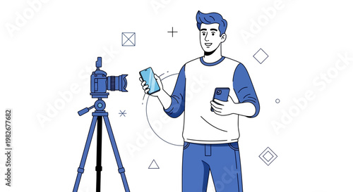 Man filming smartphone review with camera on tripod, technology concept