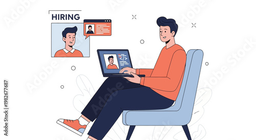 Man hiring remote employee online via laptop, remote work, job search, recruitment concept