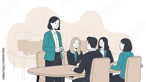 Business meeting with diverse team discussing strategy around a table, led by a woman.