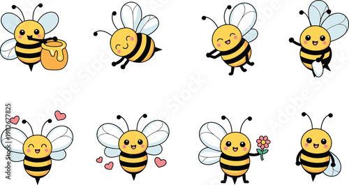 Cute vector set of cartoon honey bee characters in various poses holding honey pot and flowers for children nursery decor sticker design and educational spring holiday projects