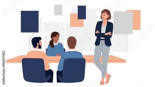 Business meeting with diverse team discussing strategy, leader standing confidently.