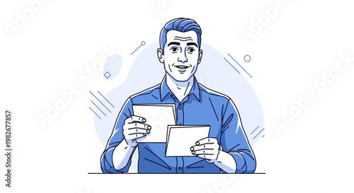 Man in Blue Shirt Holding Papers, Presenting Information, Business Meeting, Office Workspace