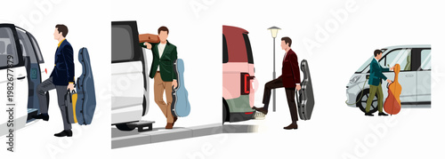 Flat vector illustrations of a musician in smart suits loading a large cello case into a modern electric van across different scenes.