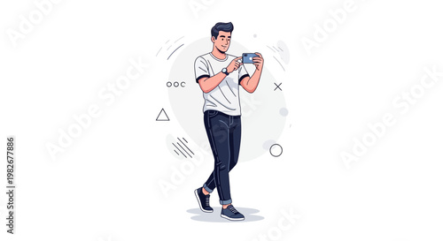 Man in casual clothes holding smartphone, modern illustration, white background