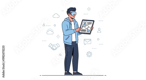 Man in VR headset interacting with digital interface, virtual reality technology concept