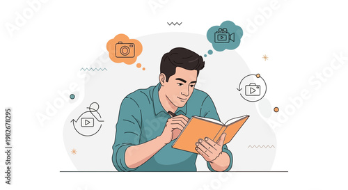Man planning content creation with camera and video icons, writing in notebook