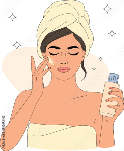 Vector illustration of a beautiful young woman applying face cream and wearing a towel wrap for skincare routine beauty treatment and wellness spa concept