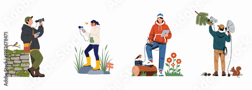 Flat vector illustration set of people using professional equipment to record nature sounds, birds, and wildlife in various outdoor environments.