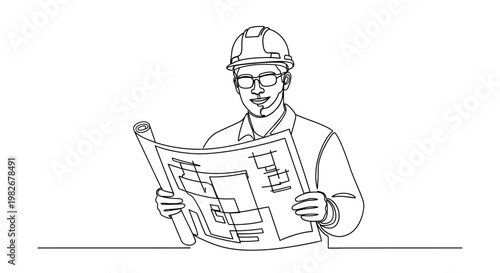 Man in hard hat reading blueprint.