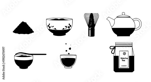 Minimal matcha green tea vector illustration set EPS10 isolated