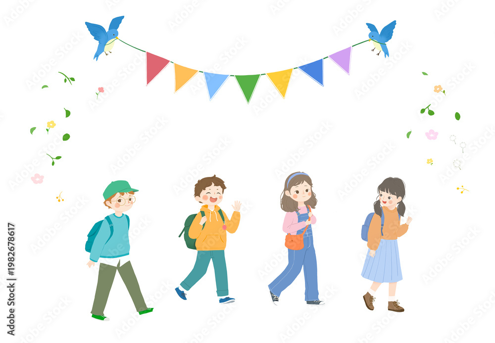 Fototapeta premium Cute children with backpacks and birds holding banners, isolated PNG, transparent background 