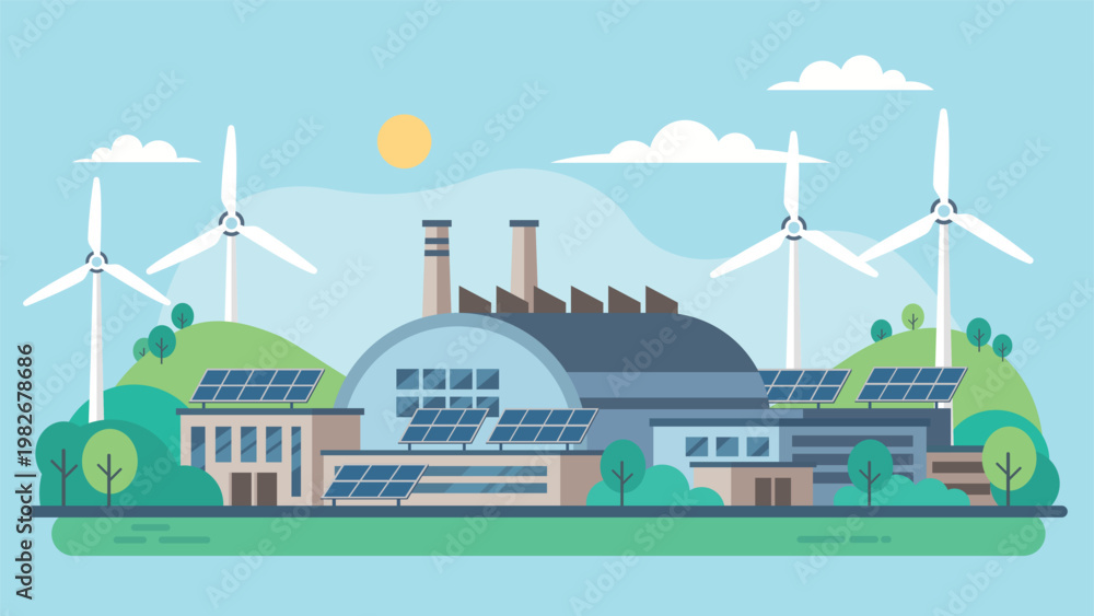 Fototapeta premium Hybrid energy plant with solar panels and wind turbines in clean green landscape showing sustainable power generation and eco friendly industry